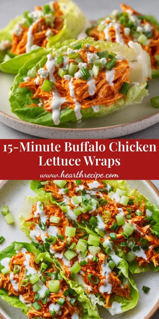 A plate of crisp Buffalo Chicken Lettuce Wraps drizzled with ranch dressing and garnished with celery and green onions.