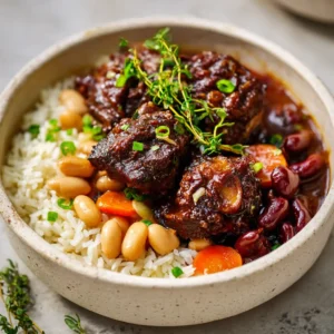 Raw bone-in oxtail marinating with browning sauce, allspice, onions, garlic, and herbs for Authentic Jamaican Oxtail.