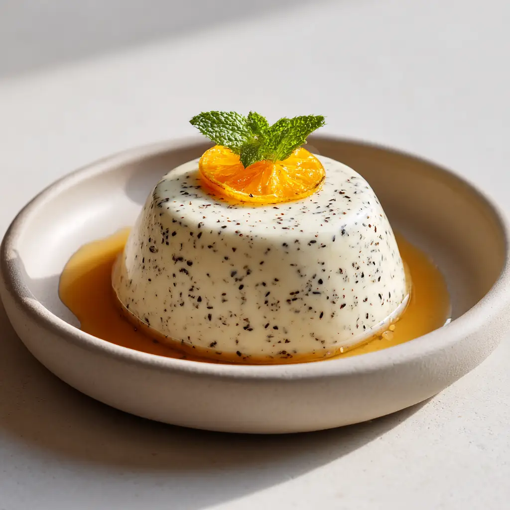 Overhead view of an Earl Grey Panna Cotta turned out onto a matte ceramic plate, garnished with mint and candied lemon.