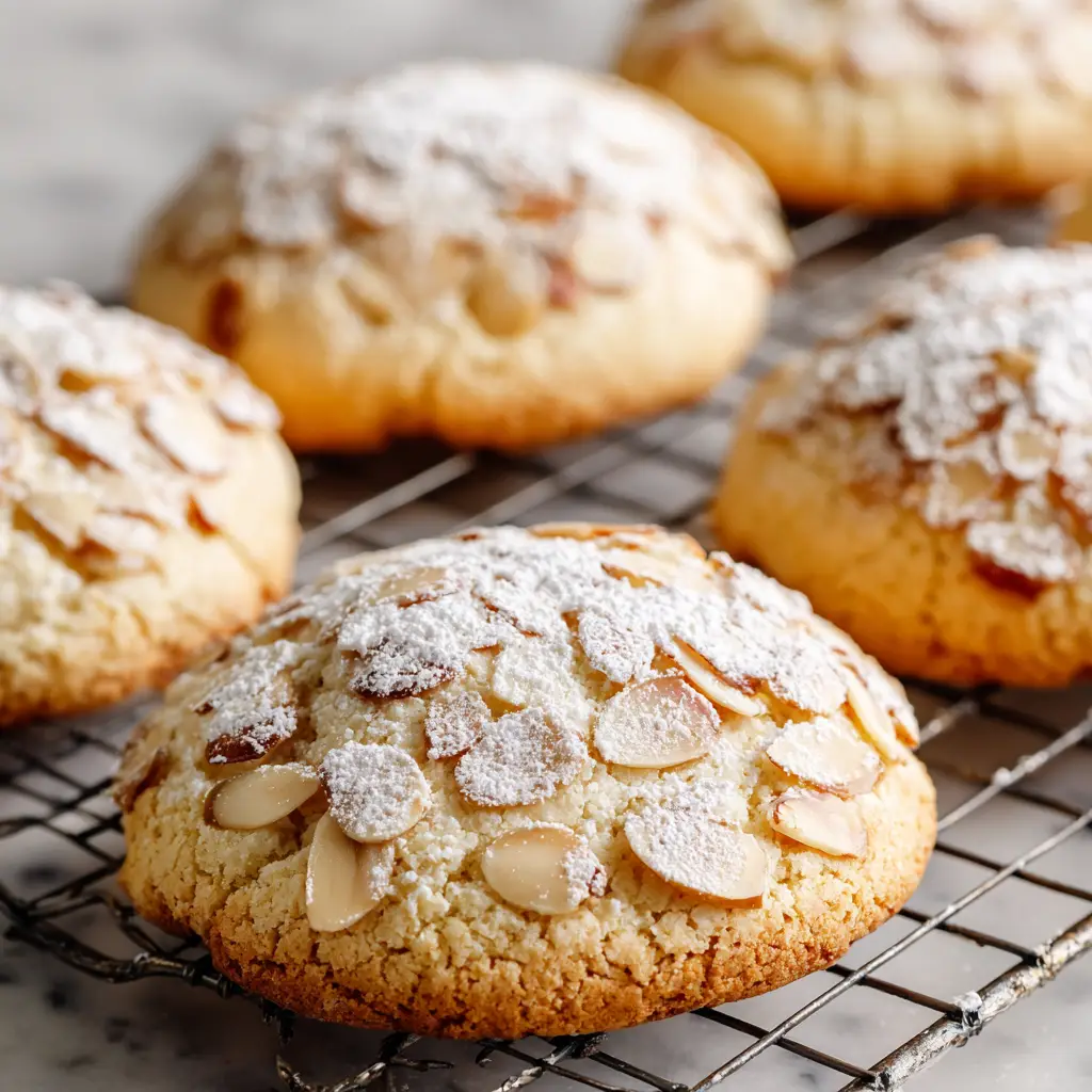 Round, slightly domed Italian Almond Ricotta Cookies covered in powdered sugar and lightly toasted almonds.