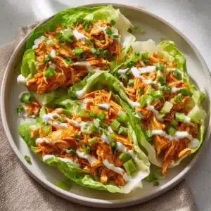 Fresh butter lettuce leaves prepared for Buffalo Chicken Lettuce Wraps alongside bowls of shredded chicken and buffalo sauce.