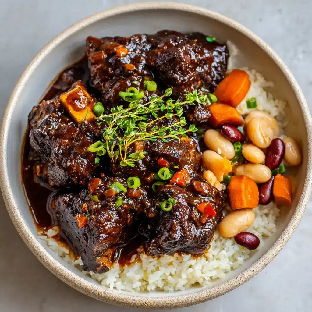 Searing the bone-in oxtail pieces in a heavy-bottomed Dutch oven to create a deep, dark brown crust.