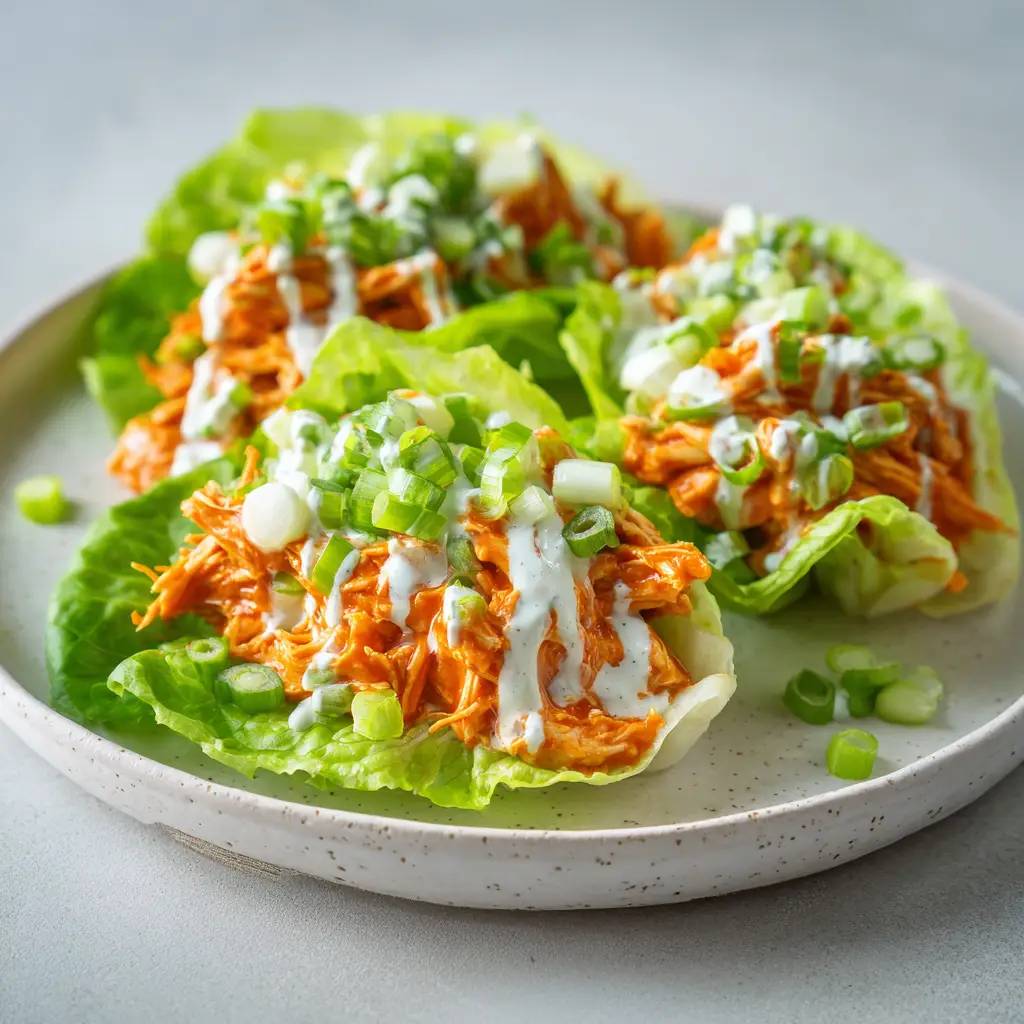 Tender shredded chicken perfectly coated in a thick, vibrant orange-red buffalo sauce inside a vibrant green butter lettuce cup.