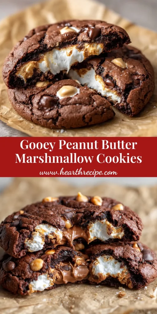 A halved Chocolate Peanut Butter Marshmallow Cookie showing a gooey, stretchy white marshmallow center, dark brown cookie dough, and melted chocolate chips.