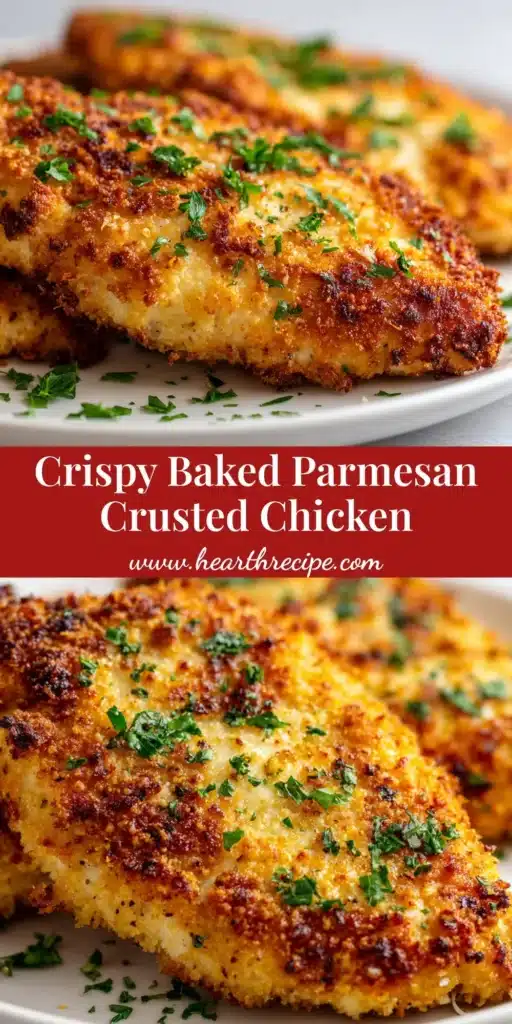 A close-up of golden brown, crispy baked parmesan-crusted chicken breasts resting on a simple white ceramic plate, garnished with fresh chopped parsley.
