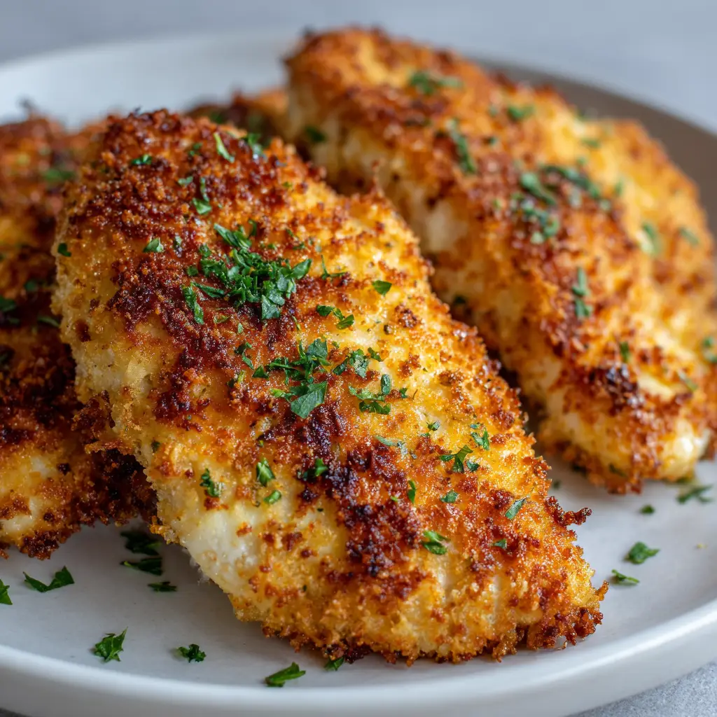 Close-up of the thick, highly textured Panko and parmesan breadcrumb mixture being pressed onto a chicken breast.