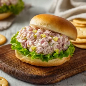Close-up of minced pink cooked ham, pale green diced celery, and sweet pickle relish being mixed for Homemade Ham Salad.