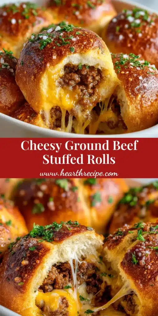 A close up shot of a torn open, golden-brown baked bread roll revealing a steaming interior of savory, browned ground beef and gooey cheddar and mozzarella cheese.