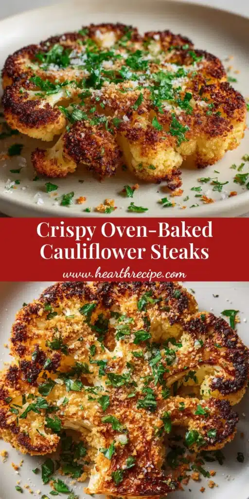 A thick, center-cut slab of cauliflower steak with a completely crispy, golden-brown toasted breadcrumb crust, resting on a flat, light-colored ceramic plate.