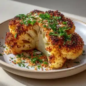 Raw thick center-cut cauliflower steaks next to all-purpose flour, eggs, and panko breadcrumbs for breading.