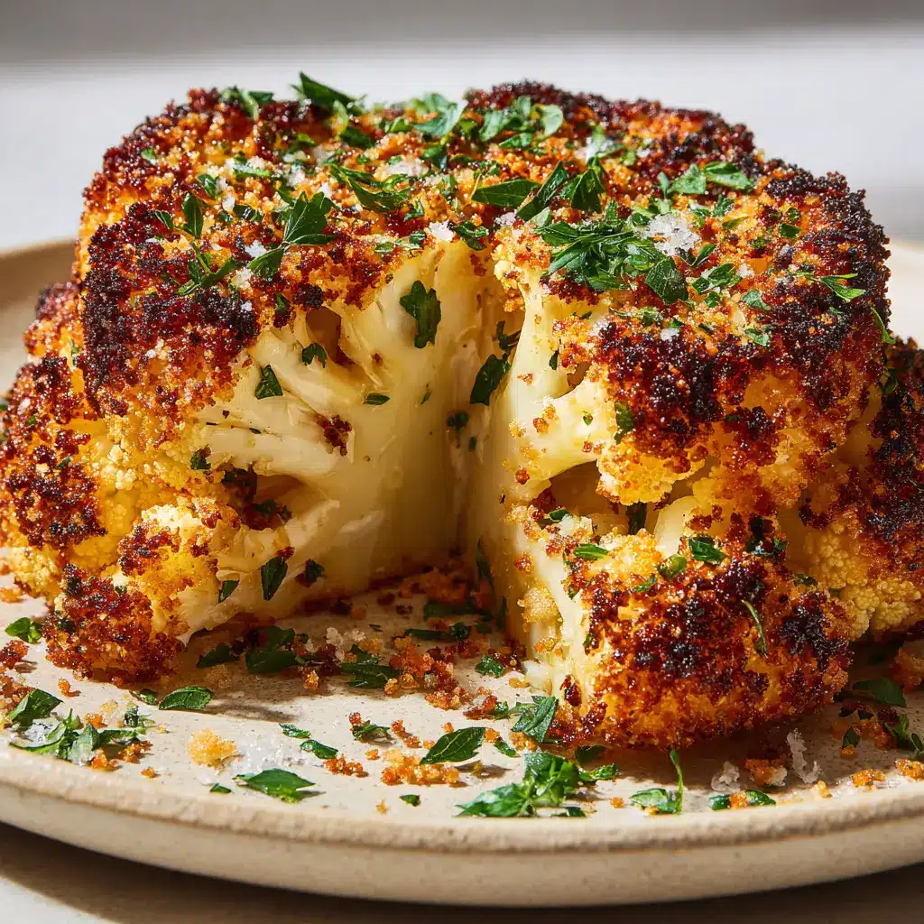 Breaded cauliflower steaks being placed onto a parchment-lined baking sheet before baking.