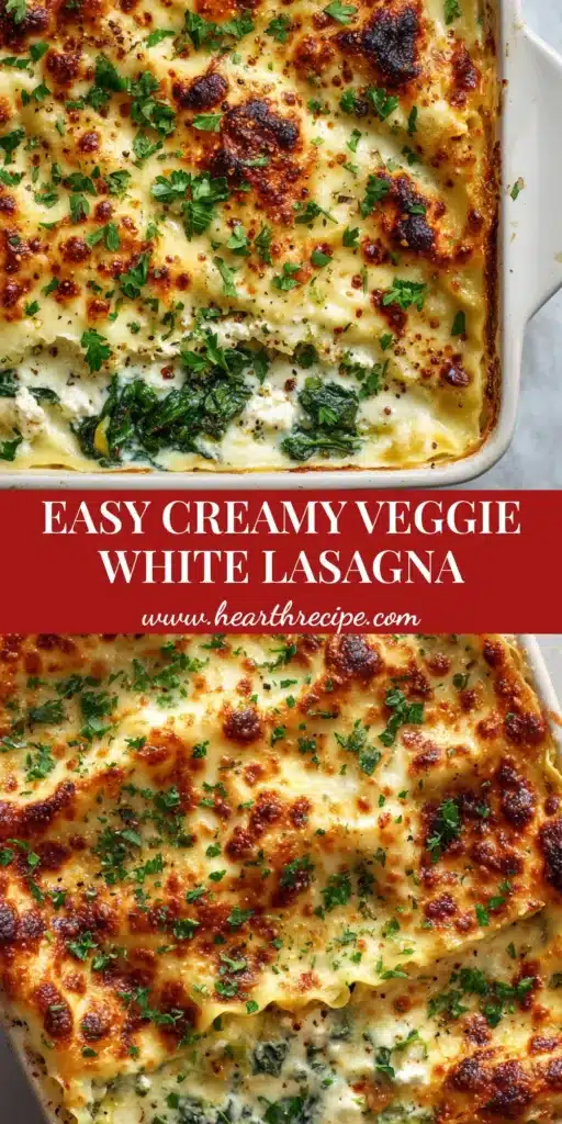 Top-down view of freshly baked Veggie White Lasagna in a rectangular white casserole dish, featuring a bubbling golden-brown mozzarella and parmesan crust.