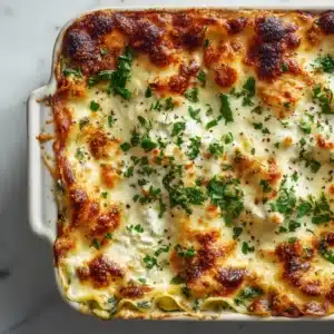 Close up view of the Veggie White Lasagna ingredients including wavy lasagna noodles, fluffy ricotta, fresh green spinach, and diced zucchini.