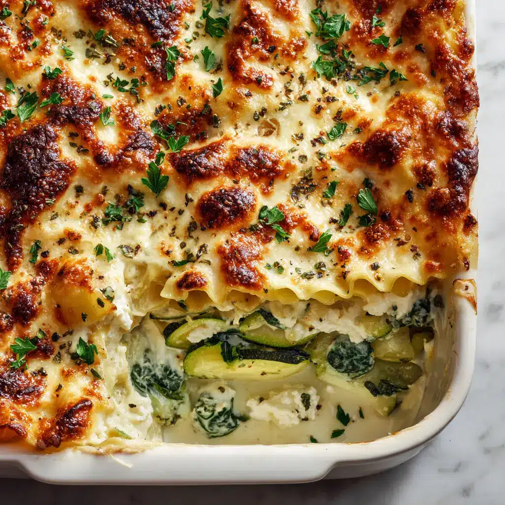 Sliced Veggie White Lasagna showing layers of wavy noodles, vibrant spinach, ricotta dollops, and oozing creamy white bechamel sauce.