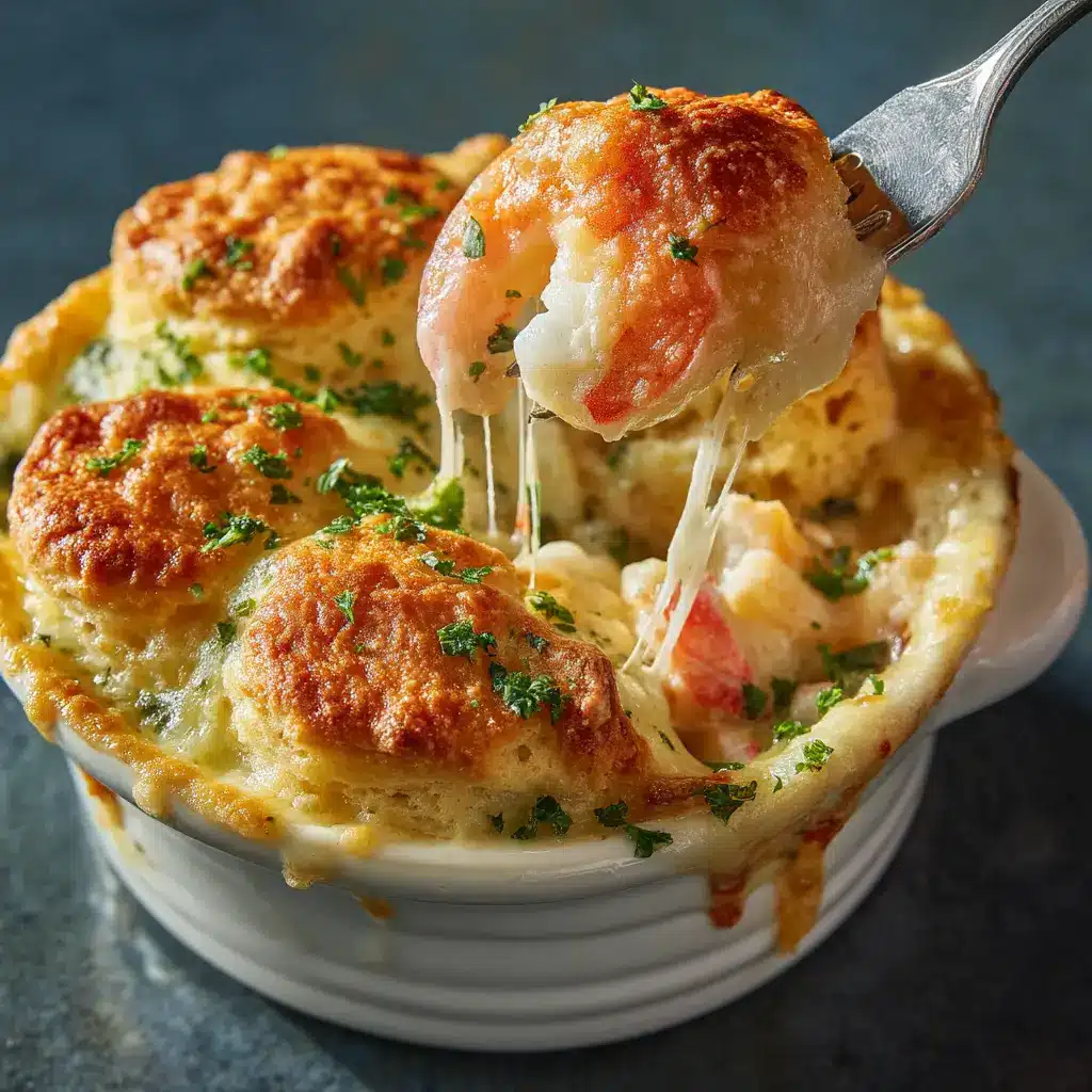 An individual serving of creamy seafood pot pie with a cheddar biscuit crust, served in a white ramekin on a rustic wooden surface.