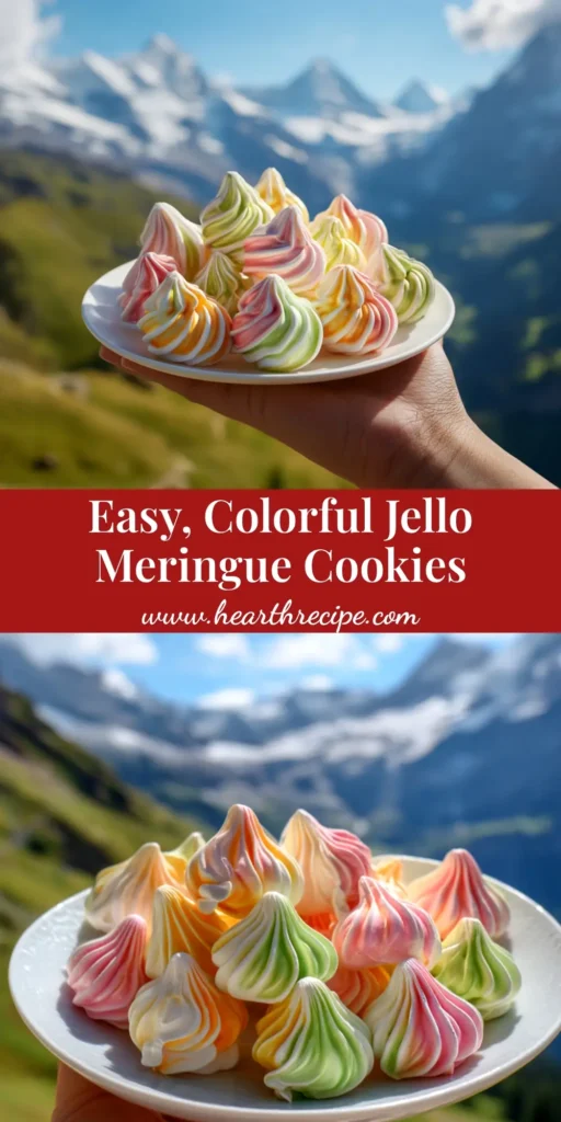 A colorful platter of vibrant Jello Meringue Cookies, showcasing various fruity flavors and a light, crispy texture. The perfect easy meringue recipe.