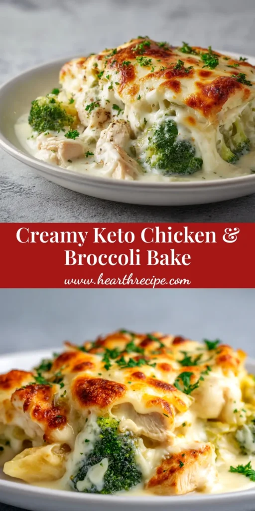 A delicious Keto Chicken Alfredo Broccoli Bake in a white casserole dish, showing the cheesy, golden-brown topping and creamy sauce.