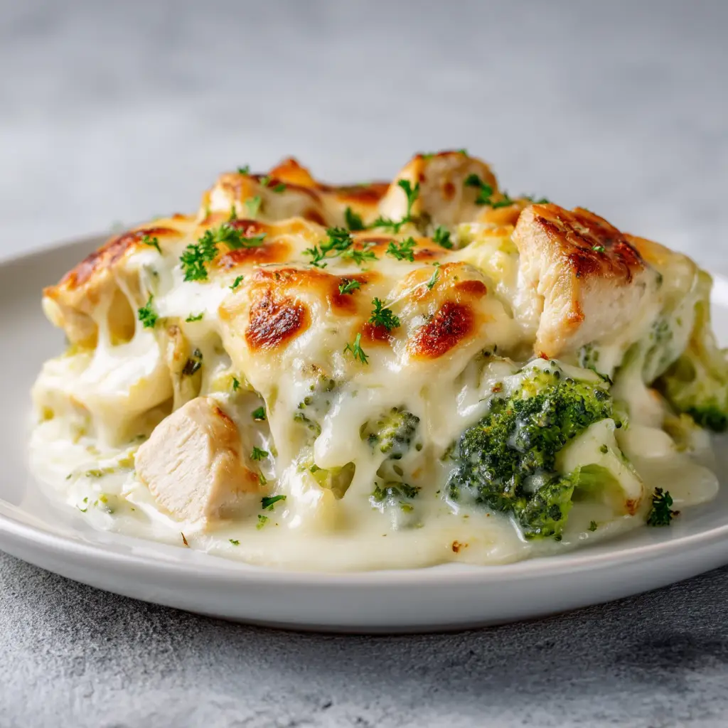A scoop of the keto chicken and broccoli bake on a plate, ready to eat, showing the melted cheese pull.