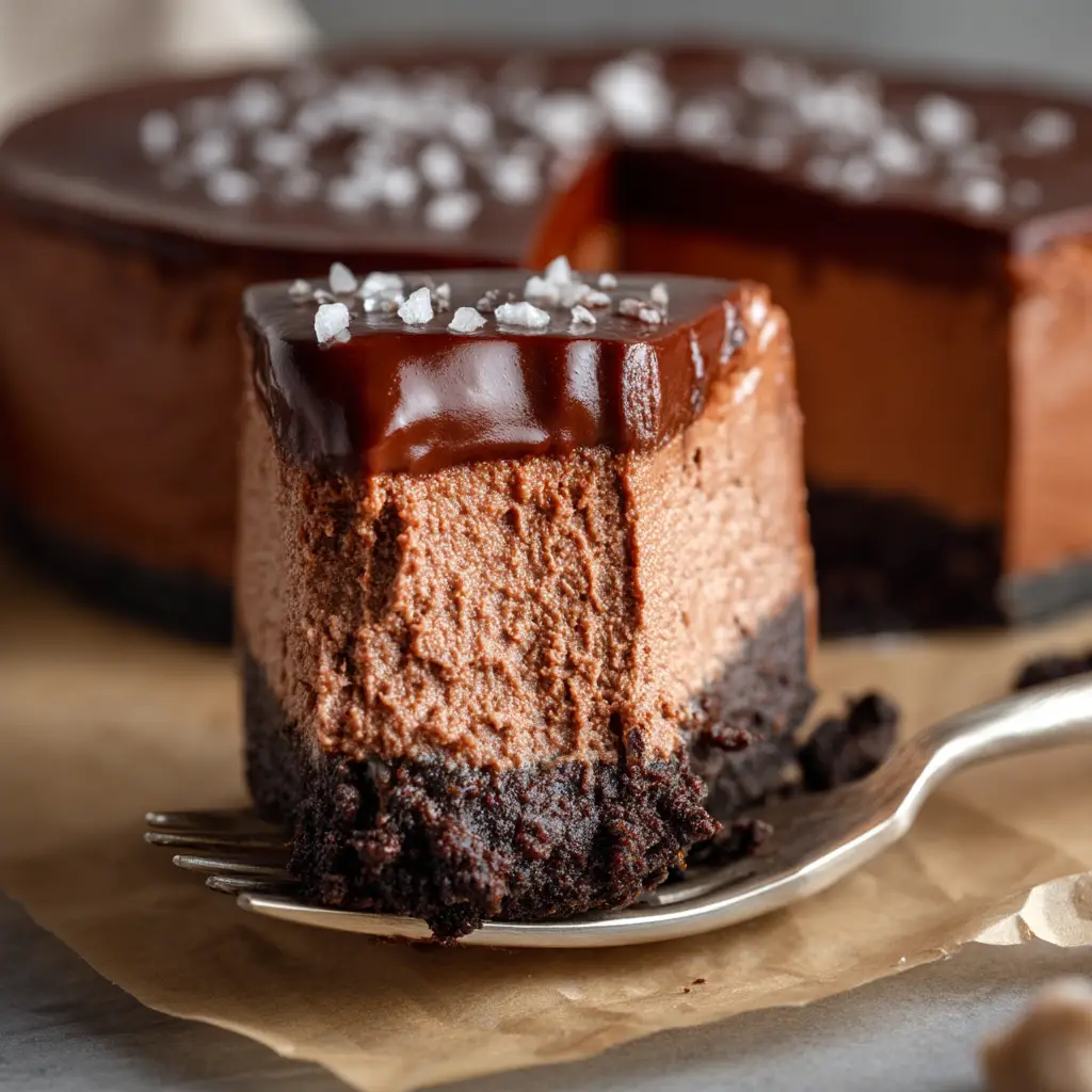 The full triple chocolate mousse cheesecake sitting on a cake stand, ready to be served. The layered chocolate effect is clearly visible from the side.