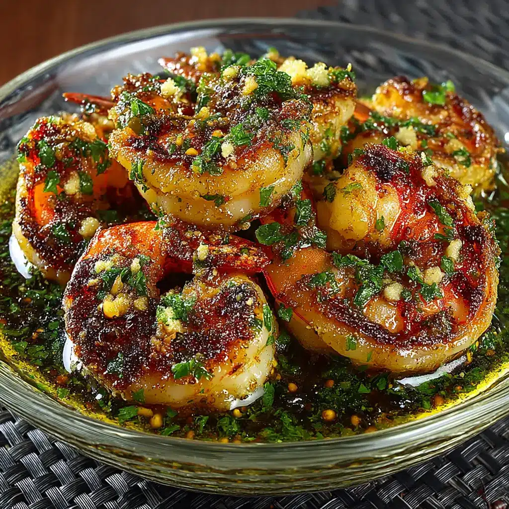 A beautiful overhead shot of the finished lemon garlic butter shrimp in a rustic pan, ready to be served.