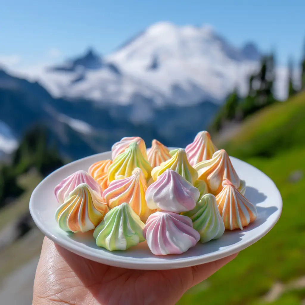 A close-up of a single pink strawberry Jello Meringue Cookie held between two fingers, showing its light and airy internal texture.