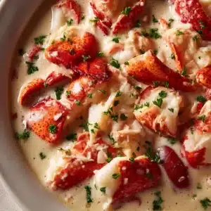 A close-up macro shot of the creamy lobster pot pie filling, showing chunks of lobster meat, peas, and corn.