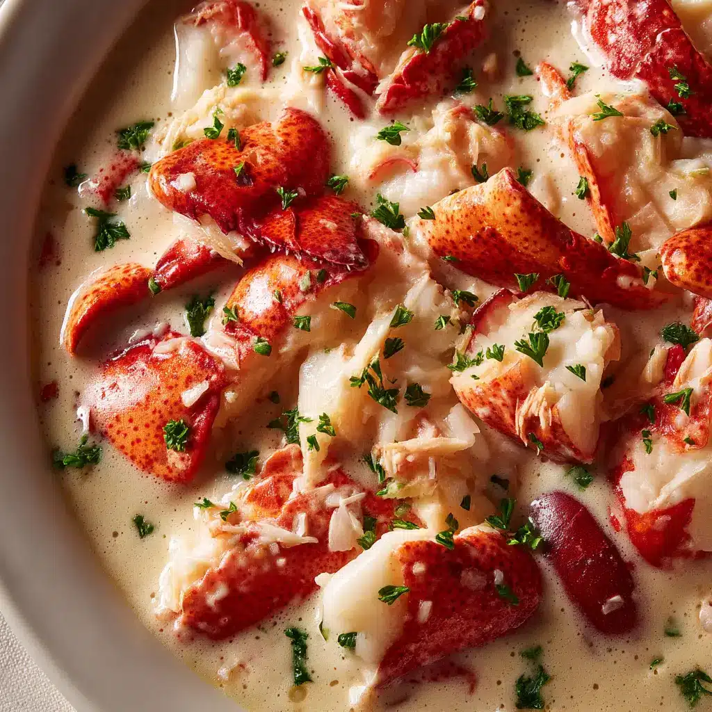 A close-up macro shot of the creamy lobster pot pie filling, showing chunks of lobster meat, peas, and corn.