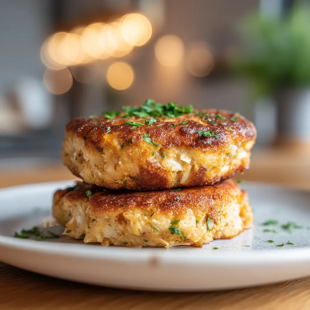 A serving of two Cottage Cheese Tuna Cakes garnished with fresh herbs and served with a side of lemon for a fresh, healthy meal.
