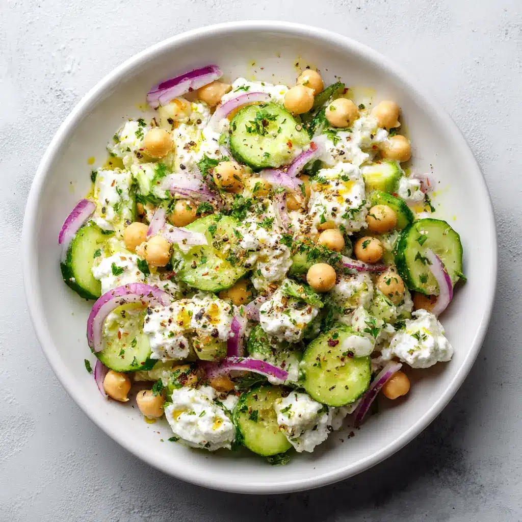 Step-by-step preparation of the creamy chickpea salad, showing the blended cottage cheese dressing being poured over the chickpeas and vegetables.