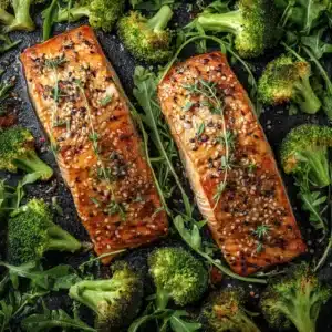 A top-down view of two Maple Dijon Salmon fillets on a white plate, served with a side of roasted asparagus and a lemon wedge.