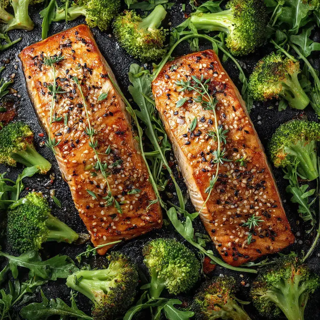 Maple Dijon Salmon: The Perfect 20-Minute Weeknight Dinner 2 A top-down view of two Maple Dijon Salmon fillets on a white plate, served with a side of roasted asparagus and a lemon wedge.