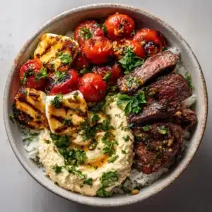An overhead shot of two Mediterranean steak bowls ready to be served. The bowls are filled with steak, quinoa, and a colorful mix of fresh vegetables like tomatoes and cucumbers.