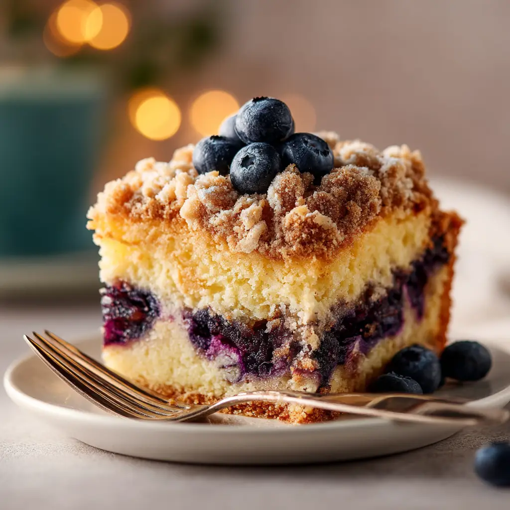 A close-up shot of a square slice of moist blueberry coffee cake, showing the tender crumb and juicy blueberries.