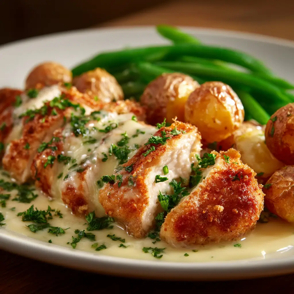 A serving of garlic parmesan potatoes and chicken on a fork, ready to be eaten. The chicken is juicy and the potatoes are fluffy inside.