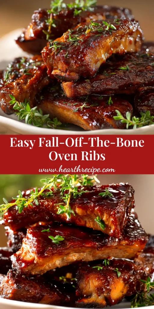 A close-up of tender Oven-Baked Country Style Ribs coated in a sticky BBQ sauce, piled on a white plate and ready to be served.