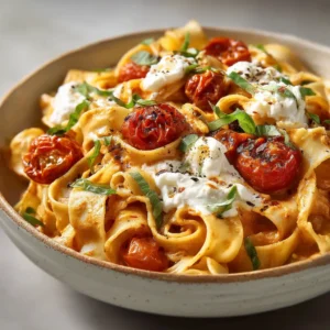 A close-up shot of oven-roasted cherry tomato pasta in a rustic white bowl. You can see the texture of the burst tomato sauce and the fresh basil.