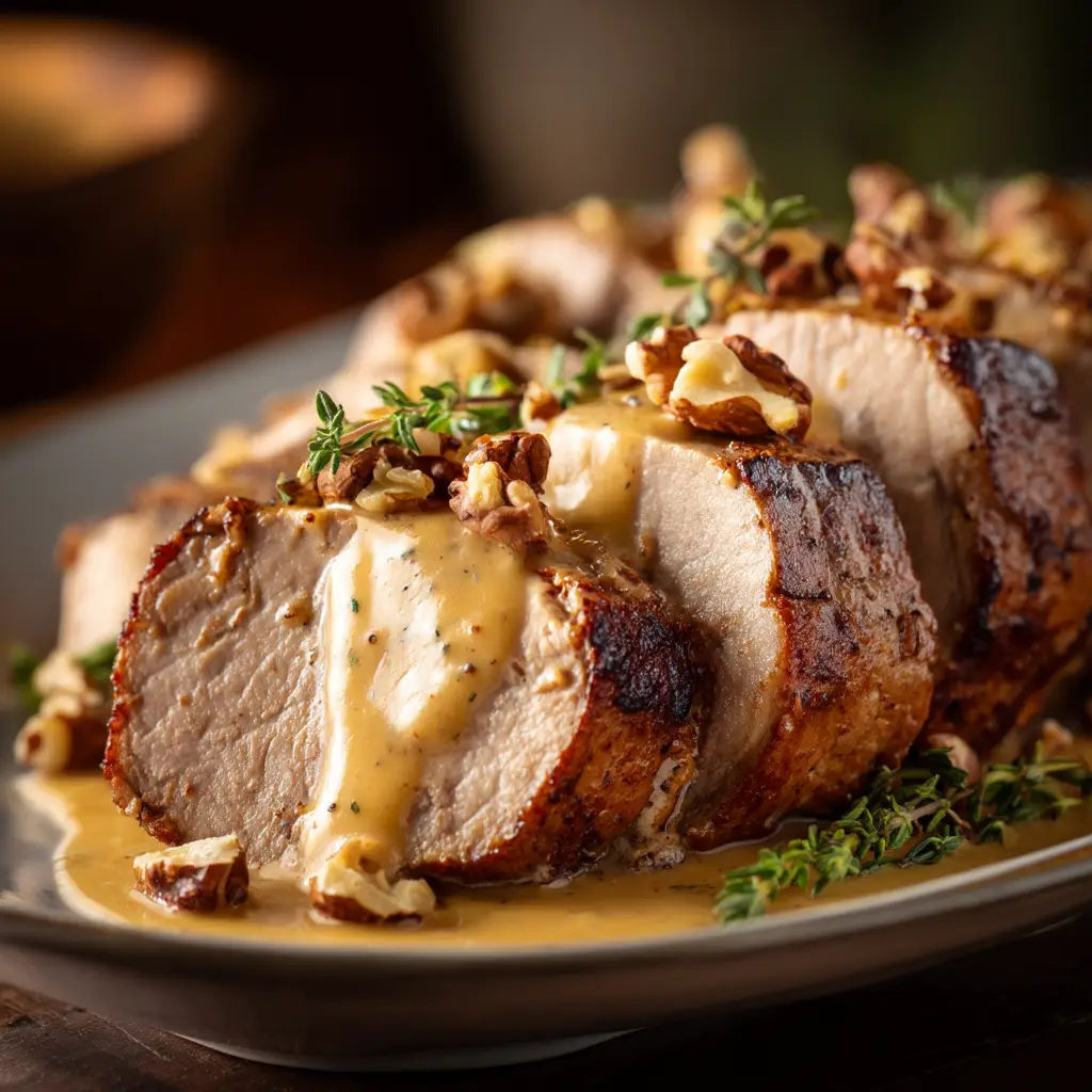 Perfectly sliced pan-seared pork tenderloin resting on a wooden cutting board, showing a juicy and tender interior.