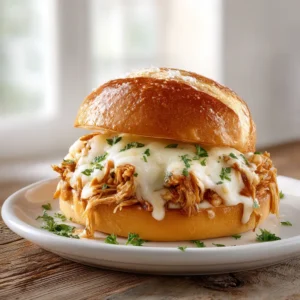 A close-up shot of the juicy, shredded parmesan garlic chicken filling for the Slow Cooker Parmesan Garlic Chicken Sandwich, ready to be served.