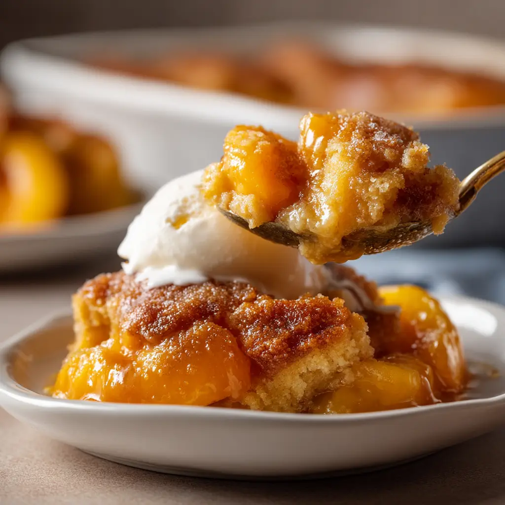 An extreme close-up of a serving of warm peach cobbler poke cake, showing the moist cake crumb and layers of peach filling and whipped topping.
