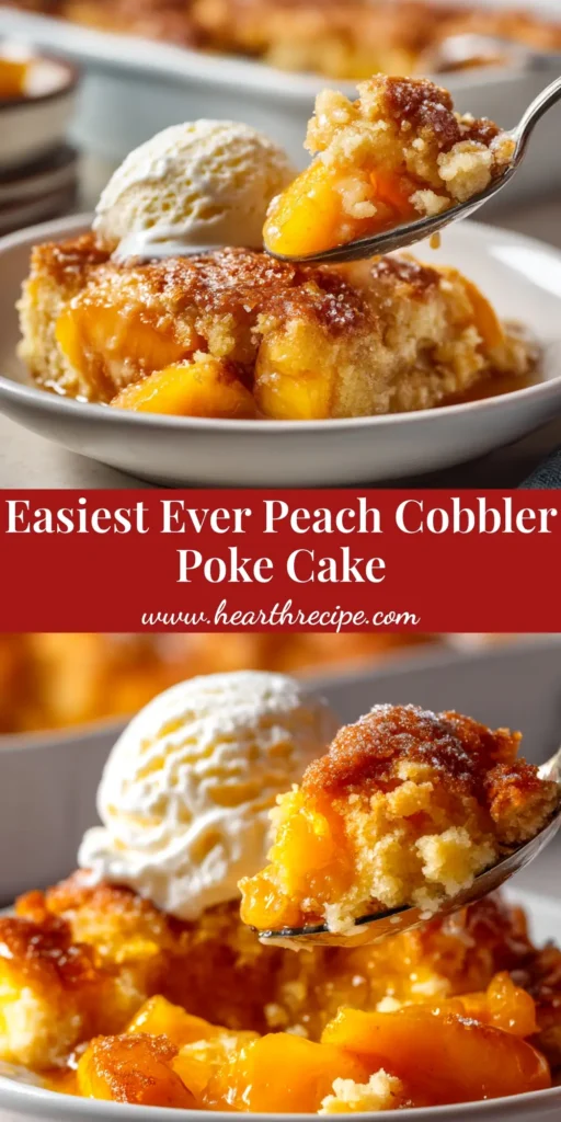 A slice of delicious peach cobbler poke cake on a white plate, topped with whipped cream and a sprinkle of cinnamon. The perfect easy summer dessert recipe.