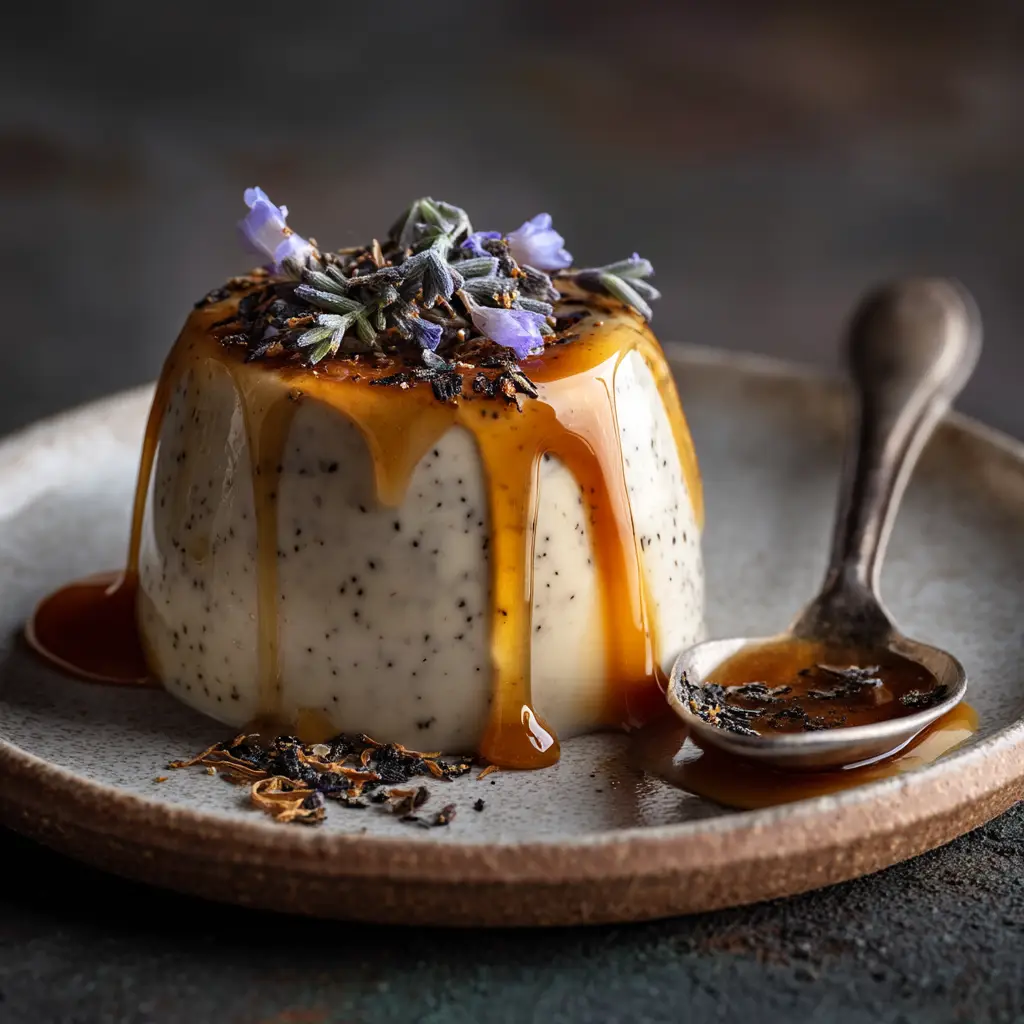 A spoonful of delicious Earl Grey panna cotta being lifted, showing the perfect wobbly set of the dessert.