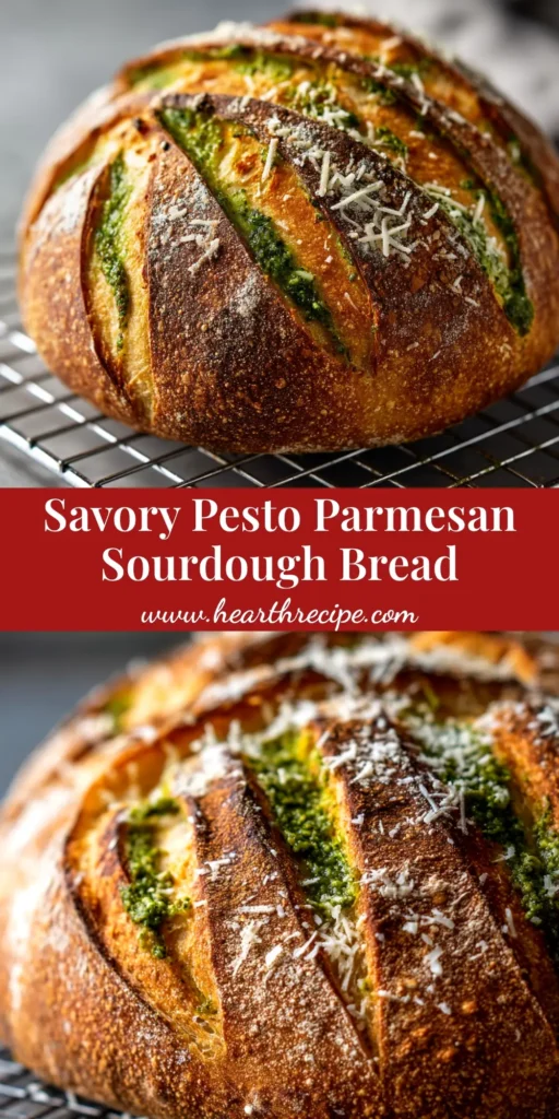 A beautiful loaf of Pesto Parmesan Sourdough bread sliced open to show the vibrant green pesto swirl inside, resting on a wooden board.