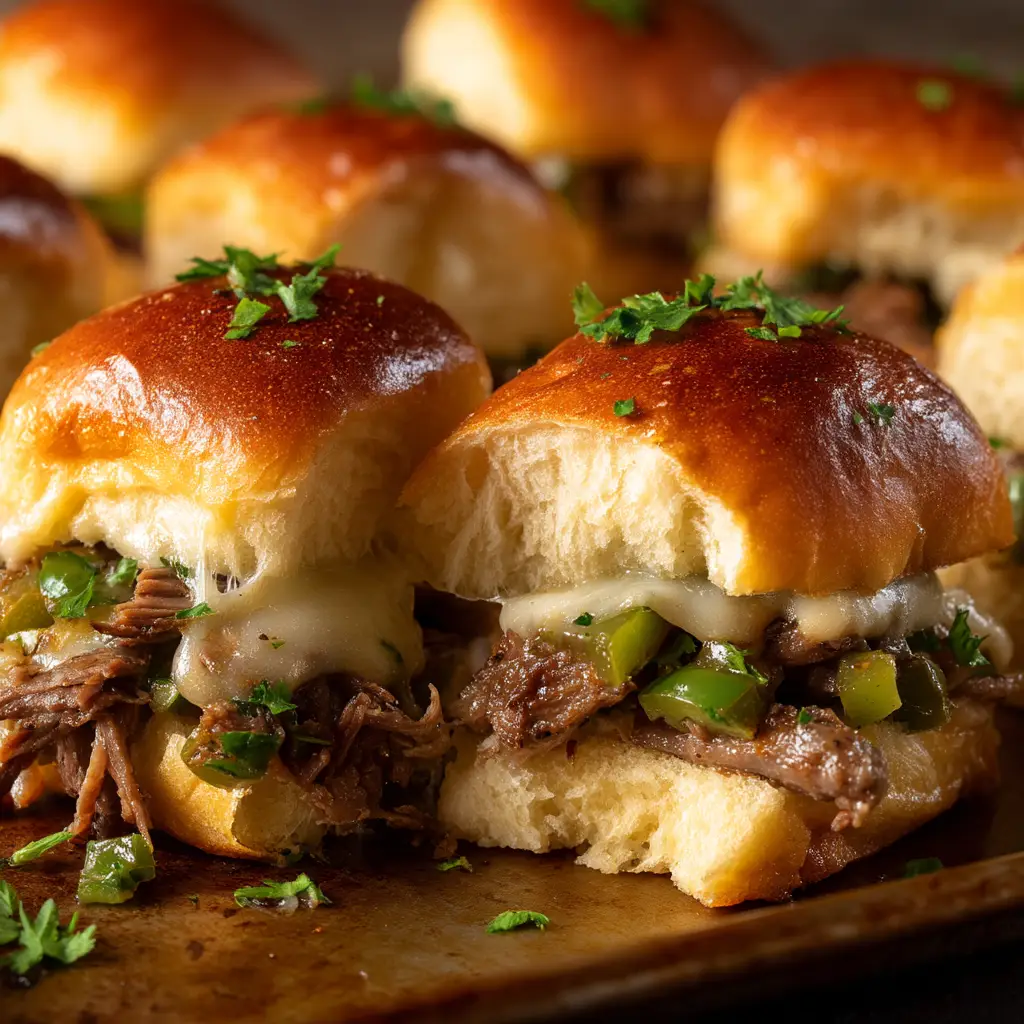 A batch of Philly cheesesteak sliders being pulled apart, showing a satisfying cheese pull connecting two sliders.