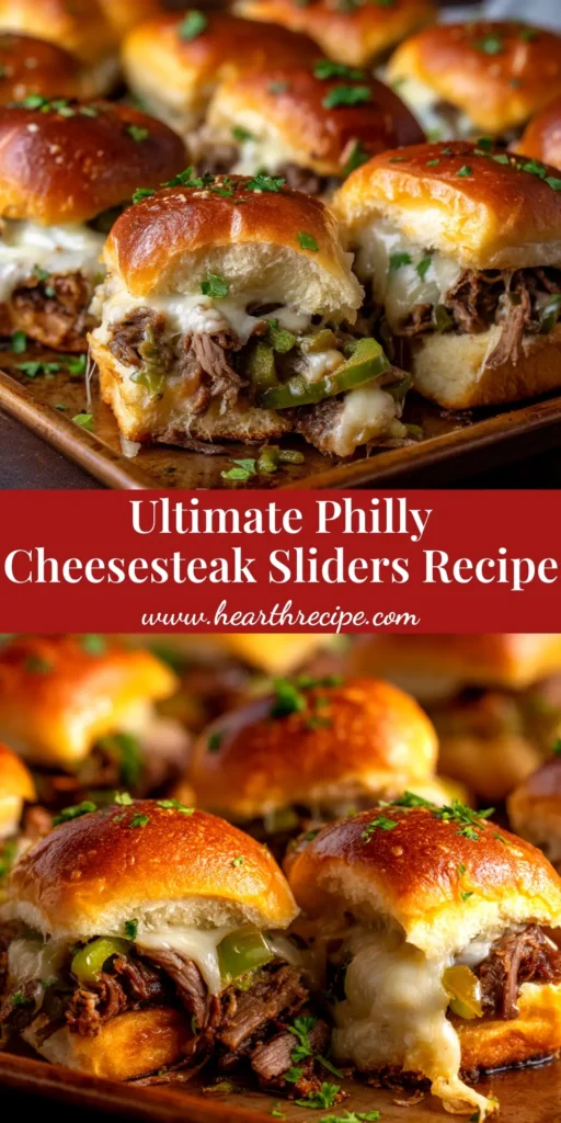 A close-up shot of baked Philly Cheesesteak Sliders in a baking dish, showing melted provolone cheese, tender steak, and golden brown Hawaiian rolls.