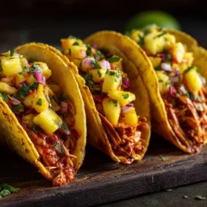 A close-up view of a pineapple chicken taco, highlighting the texture of the seasoned chicken and fresh salsa ingredients.