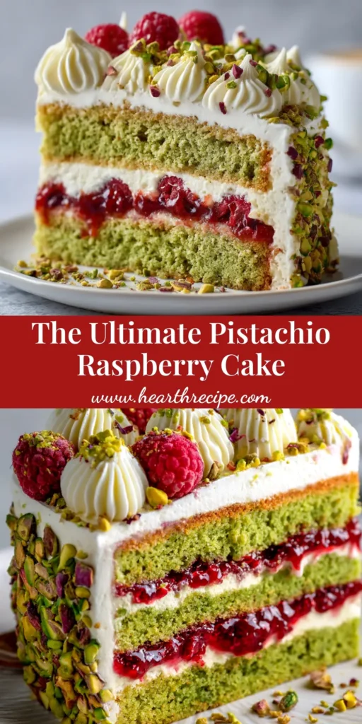Pistachio Raspberry Cake: A Stunning Layered Dessert 4 A beautiful Pistachio Raspberry Cake on a cake stand, with a slice taken out to show the layers of pistachio sponge and raspberry filling.