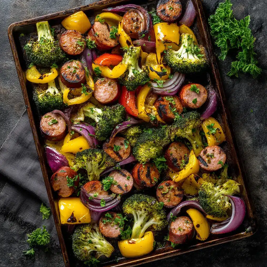 Chicken Sausage Sheet Pan Dinner (The Easiest Weeknight Meal) 1 A serving of the roasted chicken sausage and vegetable dinner on a white plate, showcasing the caramelized texture of the food.