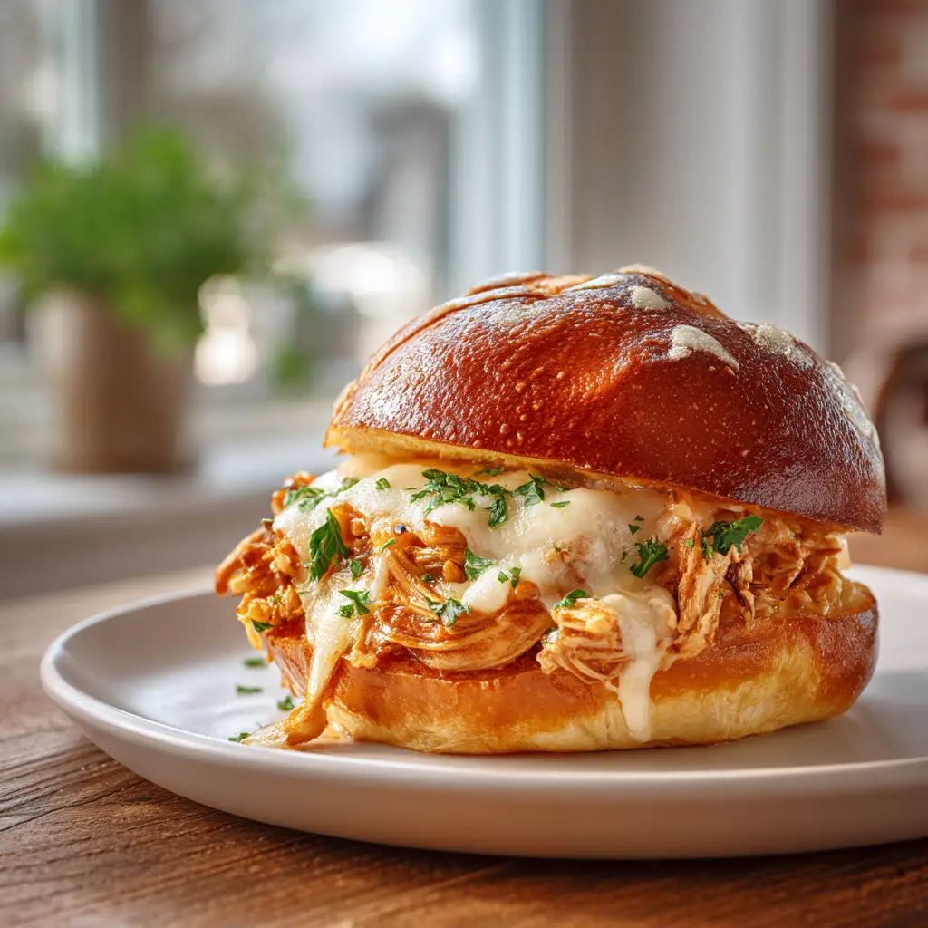 Two finished Slow Cooker Parmesan Garlic Chicken Sandwiches plated and ready to eat, highlighting the melted provolone cheese and golden-toasted buns.