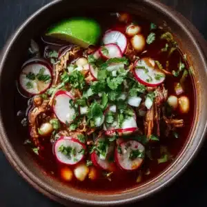 A close-up overhead view of a bowl of pork pozole, garnished with fresh cilantro, sliced radishes, and a lime wedge, illustrating a key step in the Pozole Recipe.