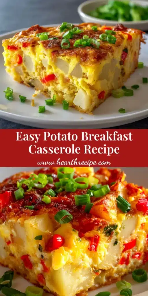 A delicious and cheesy Potato Breakfast Casserole in a baking dish, with a slice taken out to show the layers of egg, sausage, and potatoes.